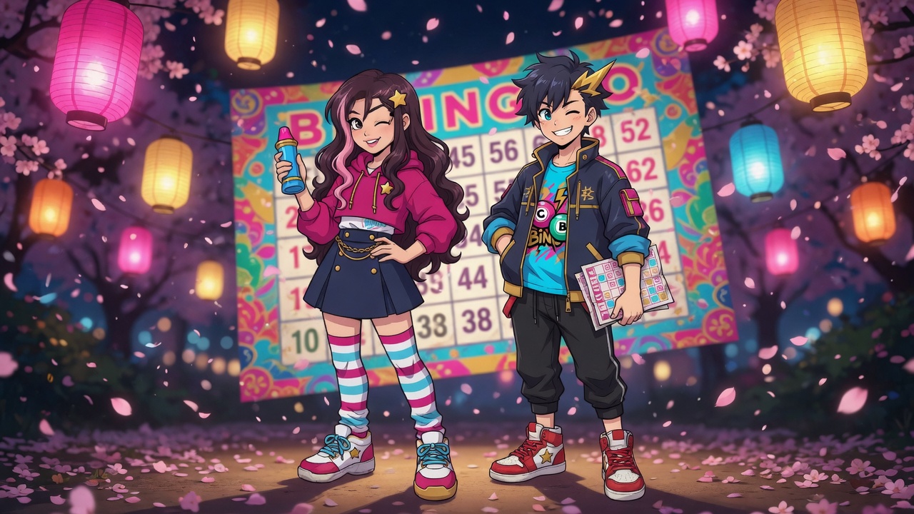 Hana and Sora at a night festival in front of a giant bingo board